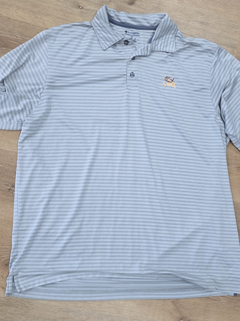 Champion Light Blue Striped Polo with LSU Embroidered Logo